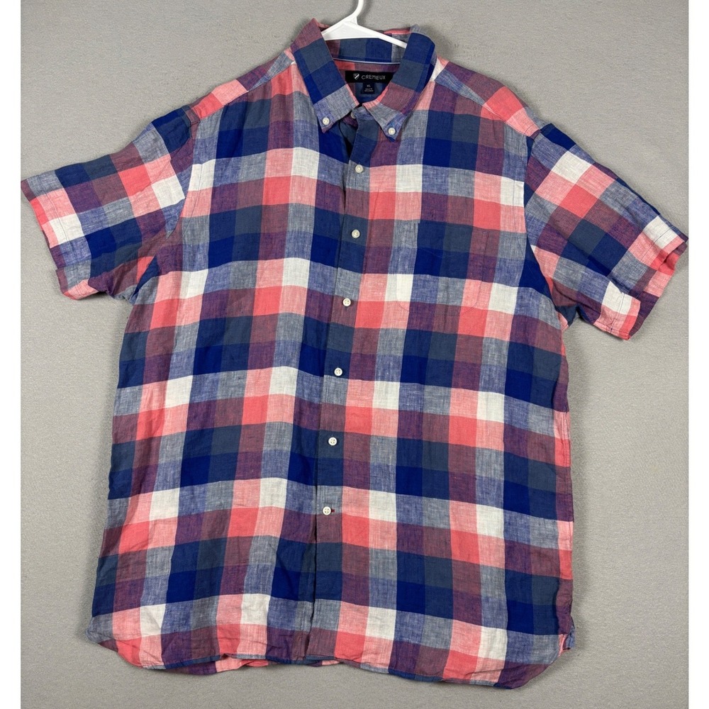 Cremieux Linen Short Sleeve Button Down Plaid Shirt XL Pink Blue White - Picture 1 of 9